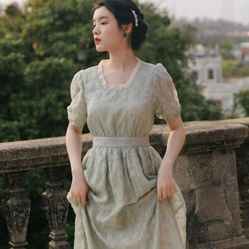 Cottage Style Bubble Short Sleeve Vintage Dress 3D Flowers Mori Girl Chic Design Elegant Women Holiday Dress Vestido Robe Longue