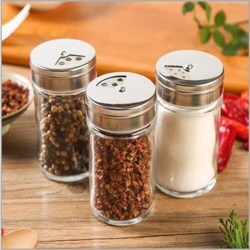 3/6pcs Stainless Steel Lid Condiment Pot Seasoning Bottle Glass Kitchen Supplies And Materials Saltcellar Rotational Regulation