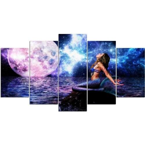 5 Pcs Beautiful Mermaid Moon Night Poster Modern Art Wall Pictures Prints HD Canvas Home Living Room Decoration No Framed