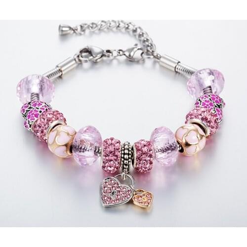 ANNAPAER 2019 Newest Design Heart Lock Charm Bracelets Stainless Steel Chain Bracelets Bangles Pink DIY Jewelry For Woman B16084