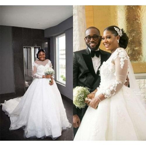 White African Wedding Dresses Plus Size Long Sleeve Lace Floral Country Garden Wedding Gowns 2021 Black Girls Beach Bridal Dress