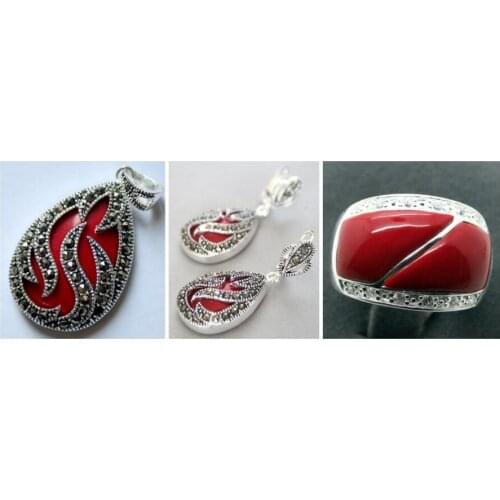 Free Shipping Perfect matched Red Carved Lacquer Marcasite 925 Sterling A Ring(#7-10) Earrings & Pandent jewelry sets jade