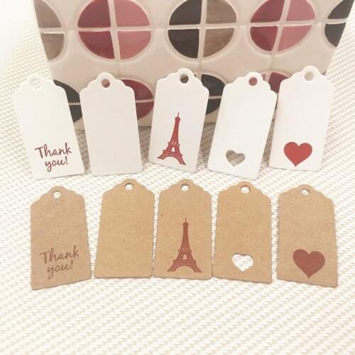 100Pcs/lot Kraft Paperboard Tags Hand Made With Love 4x2cm Small Heart and Thank You Pattern for Jewelry Gift Bag Head Tags