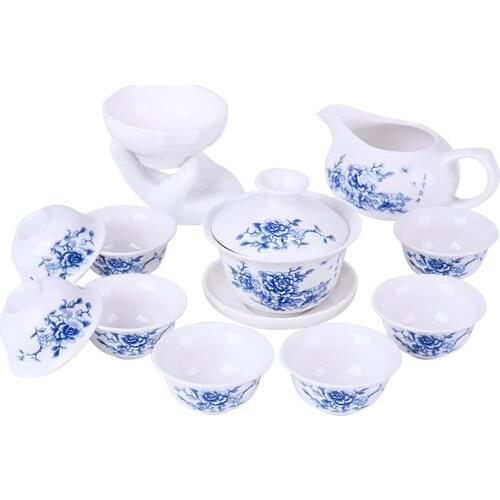 11pcs Peony Porcelain tea set,ceramic kungfu teapot, gaiwan,Tureen,cup for Black/puer/pu'erh/oolong/dahong/green/white cha tea