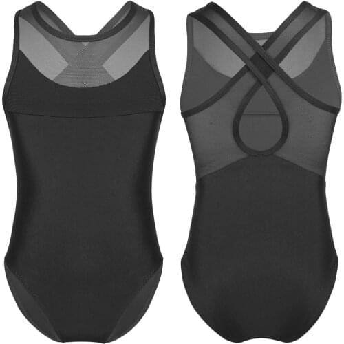 Kids Girls Classic Sleeveless Mesh Splice Criss Cross Back Ballet Dance Gymnastic Leotard Bodysuit Costume Jumpsuit 4-12Y