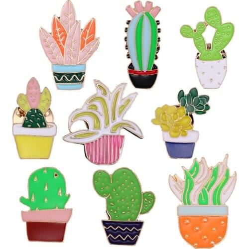 HOSENG 9Pcs/Lot Green Cactus Plant Brooch Women Luxury Vintage Gift Jewelry Enamel Pin HS_691