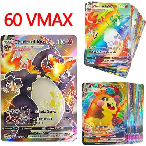 60pcs Pokemon Cards Spanish Vmax Cards Spain Pokémon Shining Card Display Pikachu Charizard Playing Game Childern Kids Toys Gift