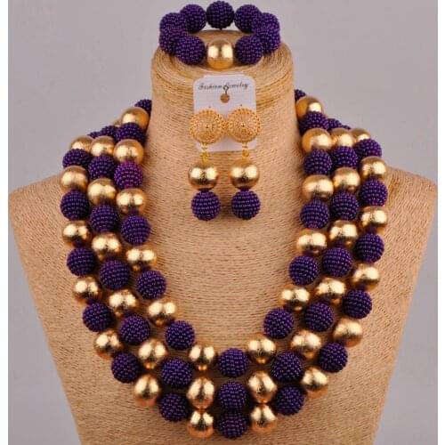 24inchs long costume necklace purple african beads jewelry set simulated pearl nigerian wedding set bridal jewelry sets FZZ85