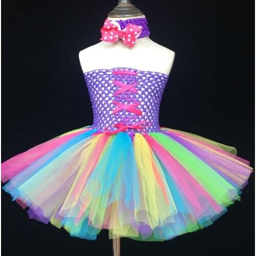 Colorful Girls Crochet Tutu Dress Baby 2Layer Tulle Dress Ballet Tutu Ball Gown with Dots Bow Headband Kids Birthday Party Dress