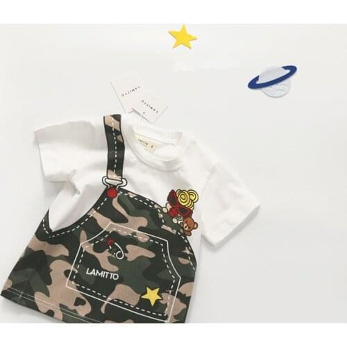 Tonytaobaby Summer New Boys and Girls Childrens Clothing Fake Two Pieces of Painting Camouflage Cotton T-shirt