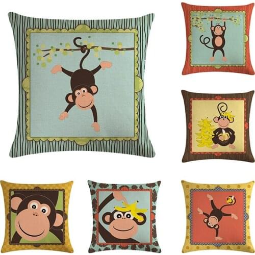 Linen Pillowcase Sofa Decorative Pillow Cover Cartoon Monkey Pattern Square Cushion Cover 45X45cm ZY265
