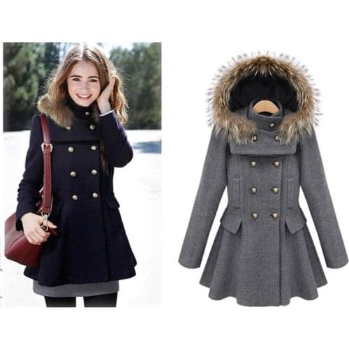 Fashion Detachable Faux Fur Hood Woolen Jacket, Sweet Peplum Design Double Breasted Ladies Wool Jacket