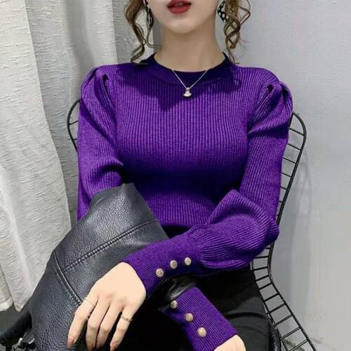 Fashion O-neck Elastic Female Pullover Sweater Lantern Sleeve Buttons Women Jumpers Knit Tops Winter Clothes Women Pull Femme