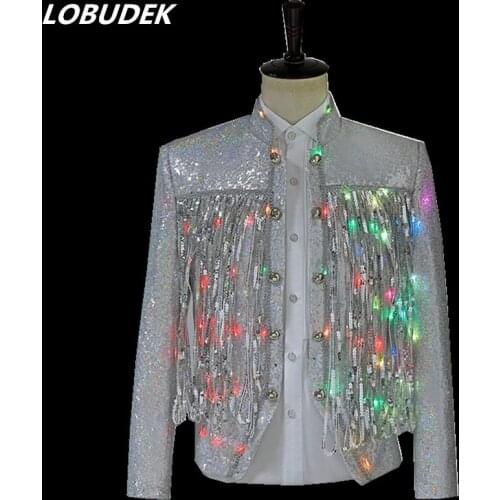 Mens Colorful LED Luminous Jacket Stage Costume Punk Rock Singer Jazz Dancer White Sequin Tassel Slim Coat Performance Jackets