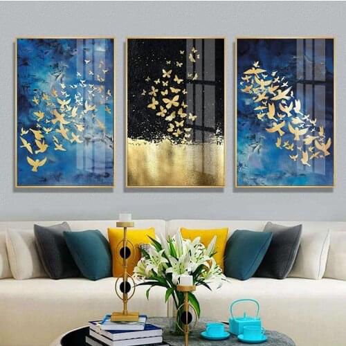 Wall 3 Pieces Artwork Modular Canvas Abstract Golden Bird Butterfly Picture Home Decor Painting Prints Poster Living Room Frame