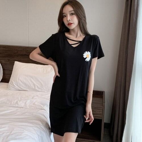 Nightgown Female Summer Short-sleeved Thin Sexy Modal Pure Cotton Pajamas Loose Slimming Large Size May Be Outer Wear Clothes at