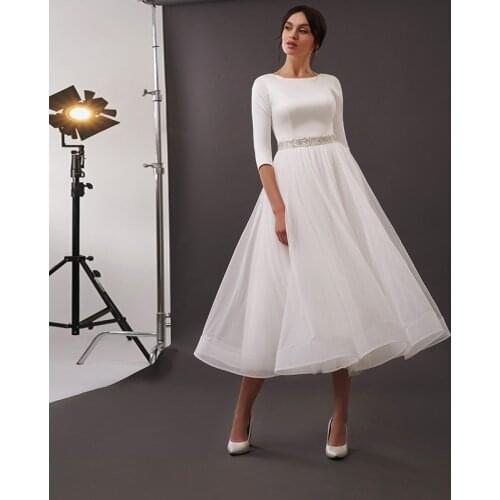 New Custom Made Satin Short Wedding Dresses 2021 A-Line Scoop Beading Belt Beach Wedding Gown Tea Length Bride Gowns