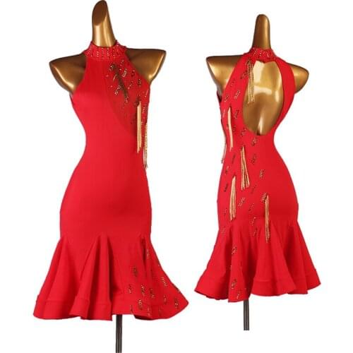 New Red Latin Dance Dress Professional Tango Dance Sleeveless Golden Tassel Clothes Ballroom Dance Competition Dresses DQL5206