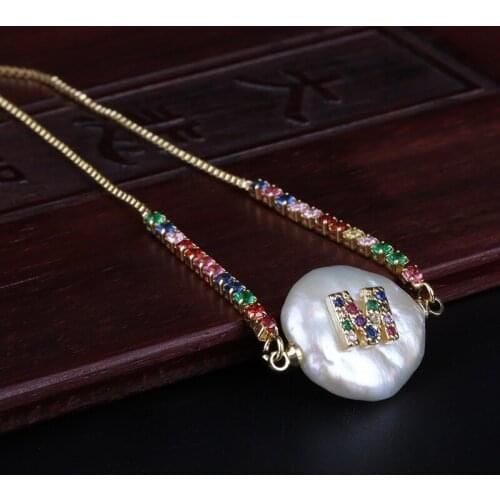 Rainbow Colors Cz Cubic Zirconia Initial M Alphabet Letter Name Natural Freshwater Pearl Gold Rainbow BraceletS For Women Girl