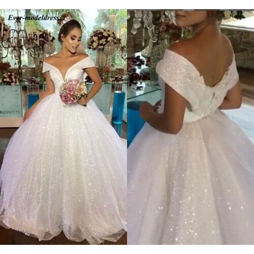 Luxury Princess Wedding Dresses 2021 Off Shoulder Shiny Ball Gown Bridal Gown Lace Up Back Long Vestido de Noiva Robe De Mariee