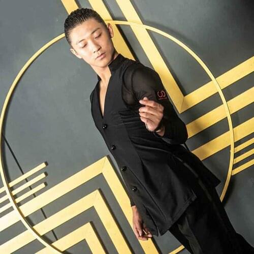 Latin Dance Tops New Men Ballroom Competitive Shirts Black Long Sleeve High Quality Stretch Shirt Performance Costume DQS1217