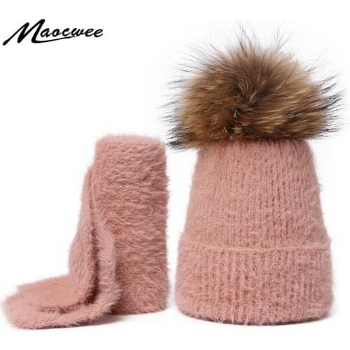 Children Adult Winter Mink Hair Beanie Hat Scarf Set With Pom Poms Woman Winter Soft Cap Thick Warm Knitted Hats Scarfs For Girl