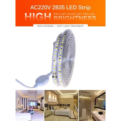 220V LED Strip 2835 High Safety Brightness 120LED Switch Flexible Waterproof 220 V Volt LED Light Strip For Outdoor Room Bedroom
