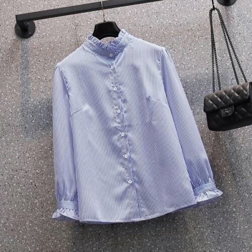 Blue Striped Long Sleeved Plus Size Korean Autumn Elegant Fashion Blouses And Tops WomenS Oversize Shirt Clothing 2021 Female