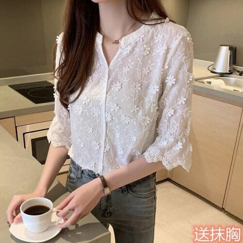 Blouse Women Shirt Womens Lace Shirt SpringSummer Embroidered White Shirt Bell Sleeve Top Blusas Ropa De Mujer