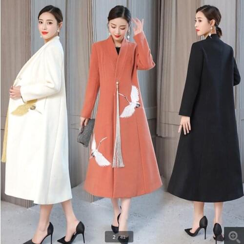 2021 Womens Long Coats Office Lady Embroidery Wool Overcoat Covered Button V-neck Animal Woolen Coat Women Cashmere Plus Size