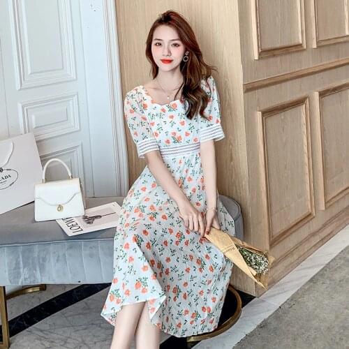 Elegant Casual Vacation Women Floral Print Chiffon Dress Summer 2021 Runway Korean Vintage Puff Sleeve A-Line Dress