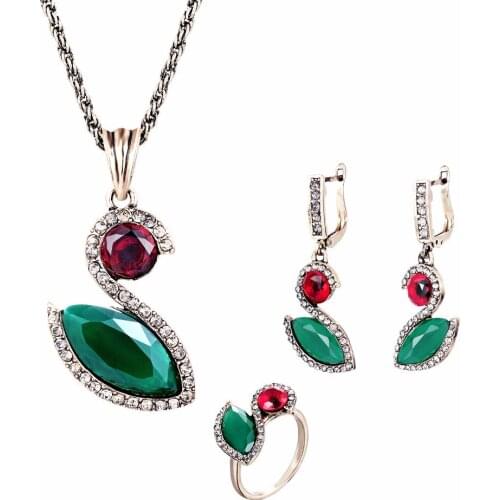 New Style Vintage Style Antique Gold Color Long Necklace&Earrings&Ring Austrian Party Jewelry Sets Gifts For Women Gift