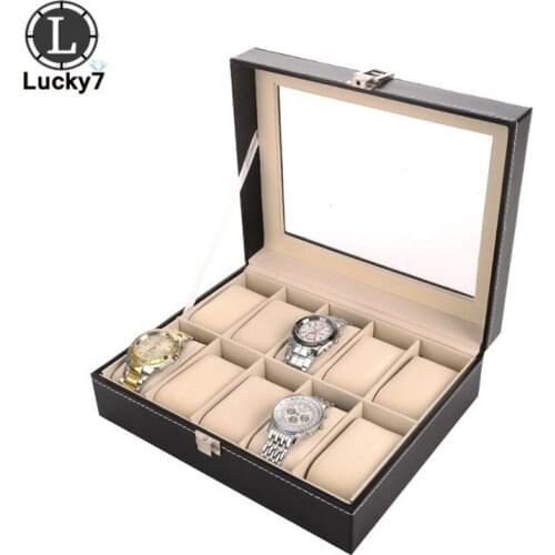 10-digit Watch Box with Open Window Cover Jewelry Box Cover Transparent Glass Leather For Quartz Watches Jewelry Boxes Display
