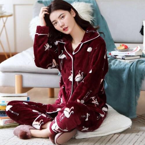 Autumn Winter Women Flannel Pajamas Sets Girls Sleepwear Suit Thick Warm Pyjamas Soft Nightgown Female Cartoon Animal Pijamas