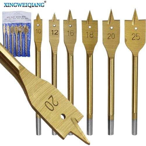 6pcs/Set Titanium Coating Hex Shank Spade Bits Flat Boring Bit Wood Drill Bit Power Tools Hole Saw 10/12/16/18/20/25mm