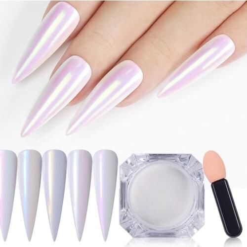 1 Box Pearl Shell Nail Glitter Powder Neon Shimmer Aurora Mermaids Dipping White Purple Rubbing Chrome Pigment Dust Polish Decor