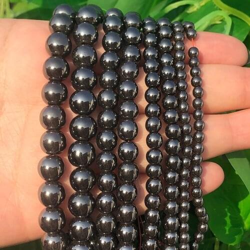 Natural Stone Beads Smooth Black Hematite Round Loose Beads For Jewelry Making DIY Bracelet Accessories 15'' 2/3/4/6/8/10/12mm