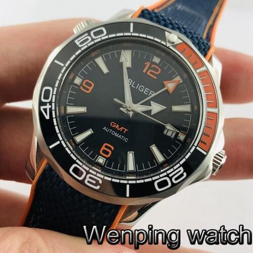 Bliger 41mm Mens Top GMT Mechanical Watch Silver Case Sapphire Glass Ceramic Bezel Luminous Mens Automatic Watch