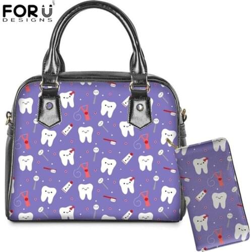 FORUDESIGNS Women 2 Pcs Dental Equipment Print PU Leather Tote Cute Tooth Bag for Girls Casual Shoulder/Messenger/Crossbody Bags