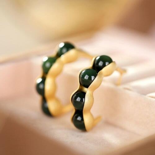 Four Seasons Peace Jasper Pea Lai Earrings S925 Sterling Silver Hetian Jade Palace Style Earrings Han Chinese Clothing Accessori