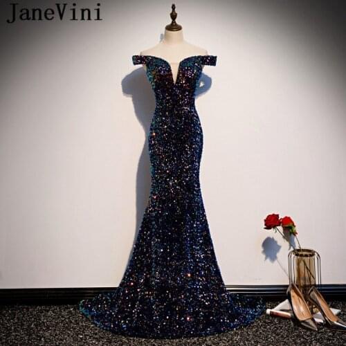 JaneVini 2020 Luxury Mermaid Gown Blingbling Colorful Sequined Evening Dresses for Women Formal Long Off Shoulder Party Dress