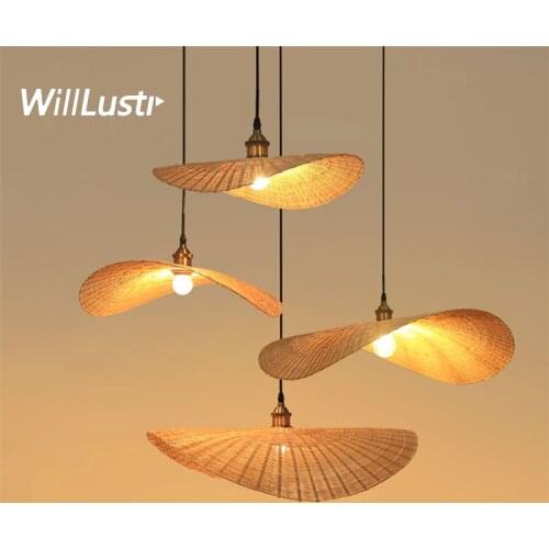 Creative Bamboo Pendant Light China Style Leaf Lamp Hotel Restaurant Cafe Mall Bedroom Hand Knitted Suspension Hanging Lighting