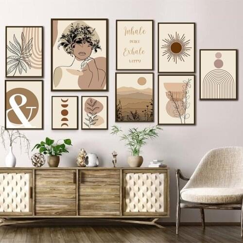 Line Girl Mountain Sun Lily Leaf Abstract Wall Art Canvas Painting Nordic Posters And Prints Wall Pictures For Living Room Decor