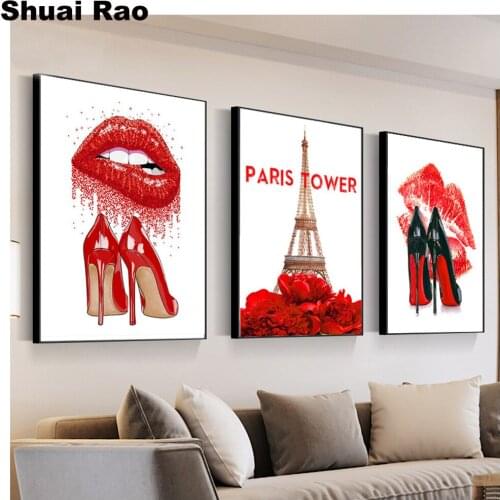 Fashion Girl Red Lips Flower 5D DIY Diamond Painting Wall Art High heels rhinestone Painting DIY Mosaic Pictures 3 pcs Paris art