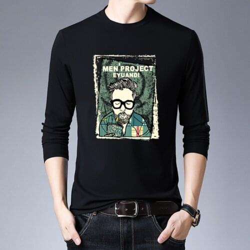 Mens Long Sleeve T Shirts Print Letter O-neck Tee Male Tops Tee Glasses IT Men Project Eyuandi