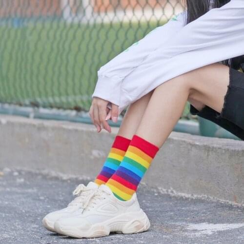 Hot Sale Socks Rainbow Striped Middle Tube Female Socks 1 Pair Japanese Long Socks Korean Candy Color Socks Womans Socks