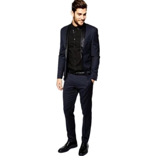 New Brand Groom Tuxedo Suit Navy Men Suits Terno Slim Fit Shawl Lapel Groomsmen Men Wedding Prom Suits Formal Slim 2 Piece Set