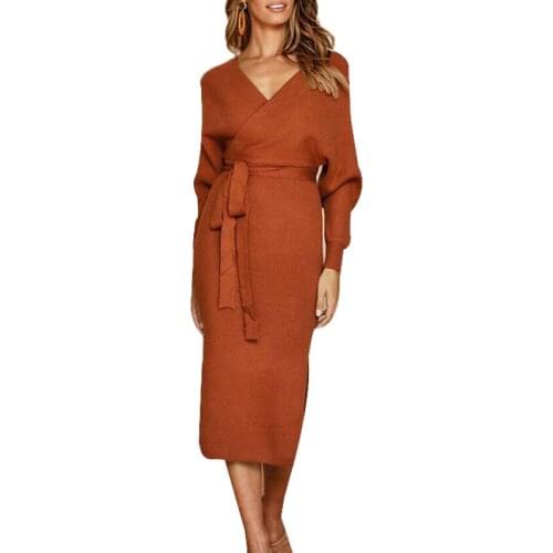NORMOV 2019 New Dress Women Sexy V-Neck Sashes Flare Sleeve Female Sweater Dress Solid Color Slim Both Sides Bifurcation Dress