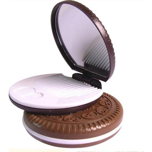 Protable simulated chocolate cosmetic mirror with mini comb,sandwich biscuit shape compact mirror as make up accessory