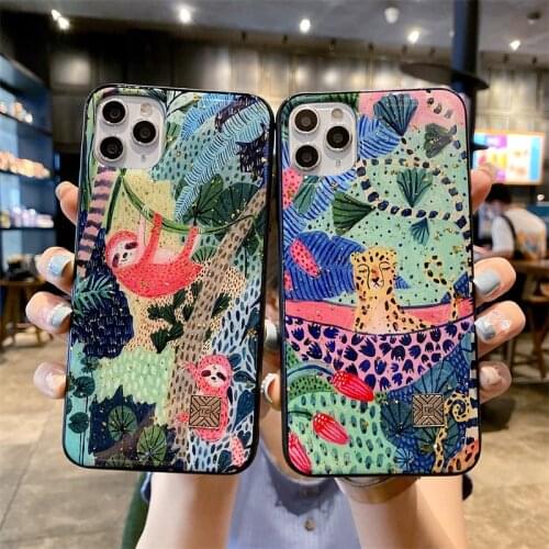 Chic Cute Cartoon Anime Sloth Leopard Silicone Case For iPhone 12 11 Pro Xs Max Mini SE X XR 7 8 Plus Glitter Gold Foil Cover